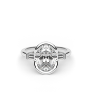 White Gold Oval Cut Diamond Three Stone Pave Engagement Ring With Half Bezel Setting